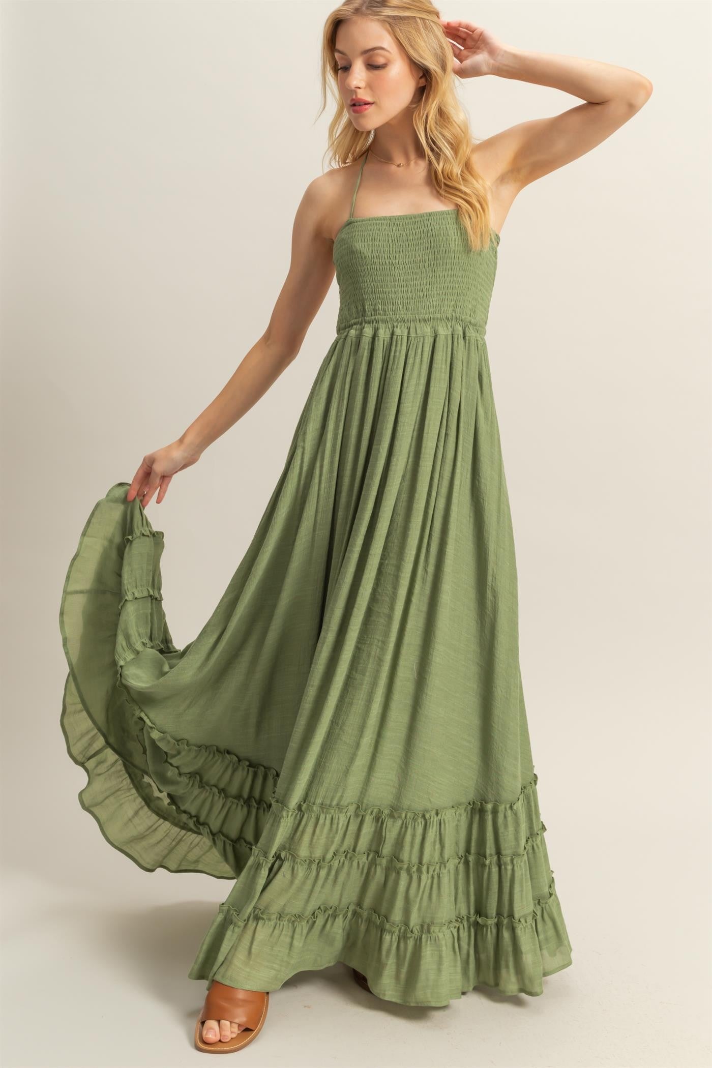 Light Olive Halter Neck Smocked Tiered Hem Maxi Dress Light Olive Halter Neck Smocked Tiered Hem Maxi Dress