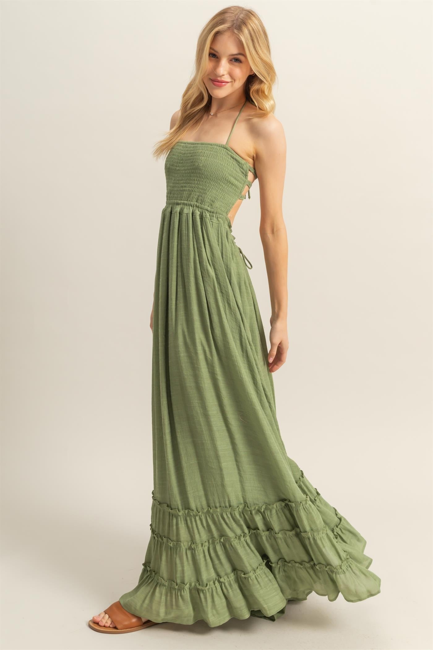 Light Olive Halter Neck Smocked Tiered Hem Maxi Dress