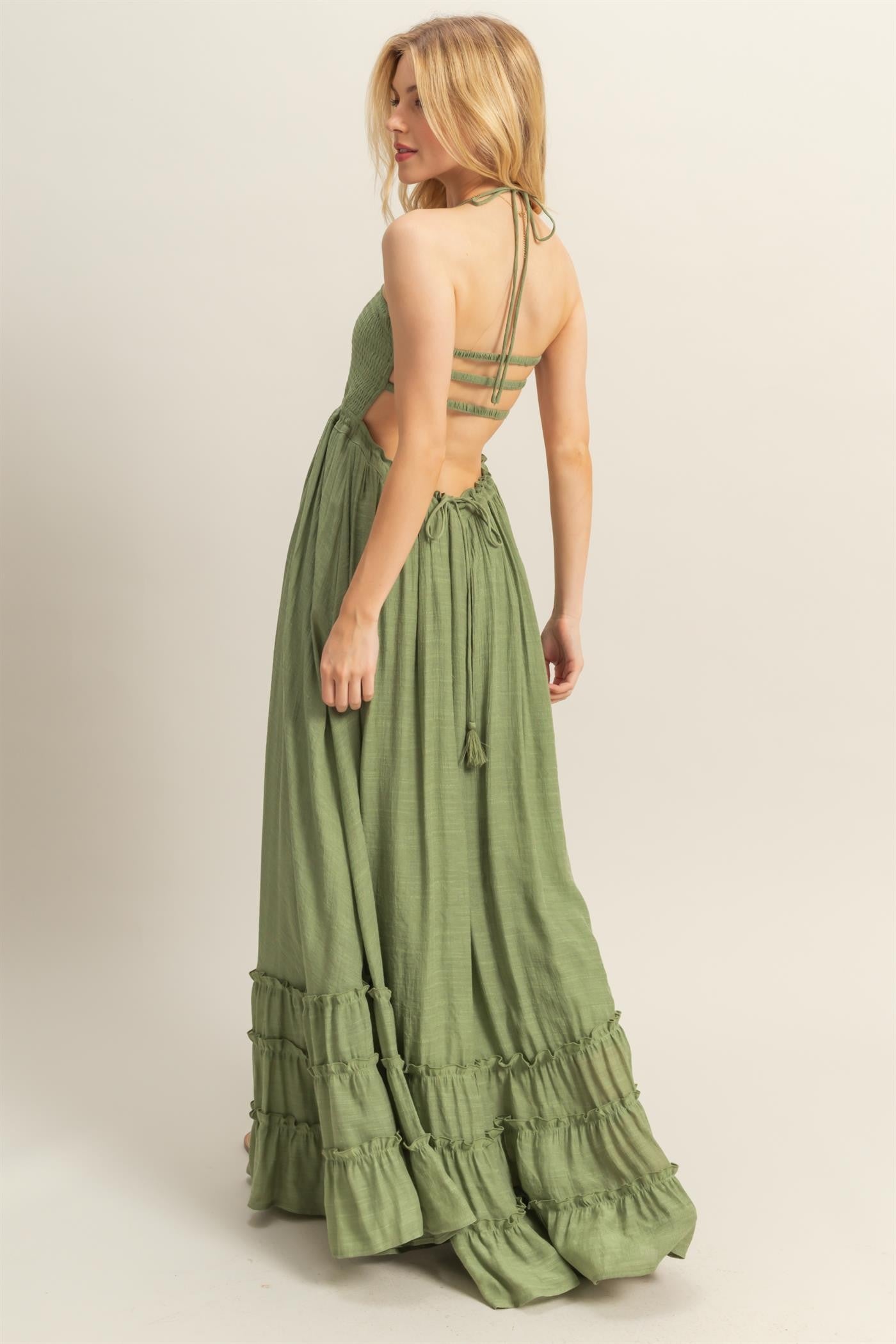 Light Olive Halter Neck Smocked Tiered Hem Maxi Dress PinkBlush Light Olive Halter Neck Smocked Tiered Hem Maxi Dress PinkBlush