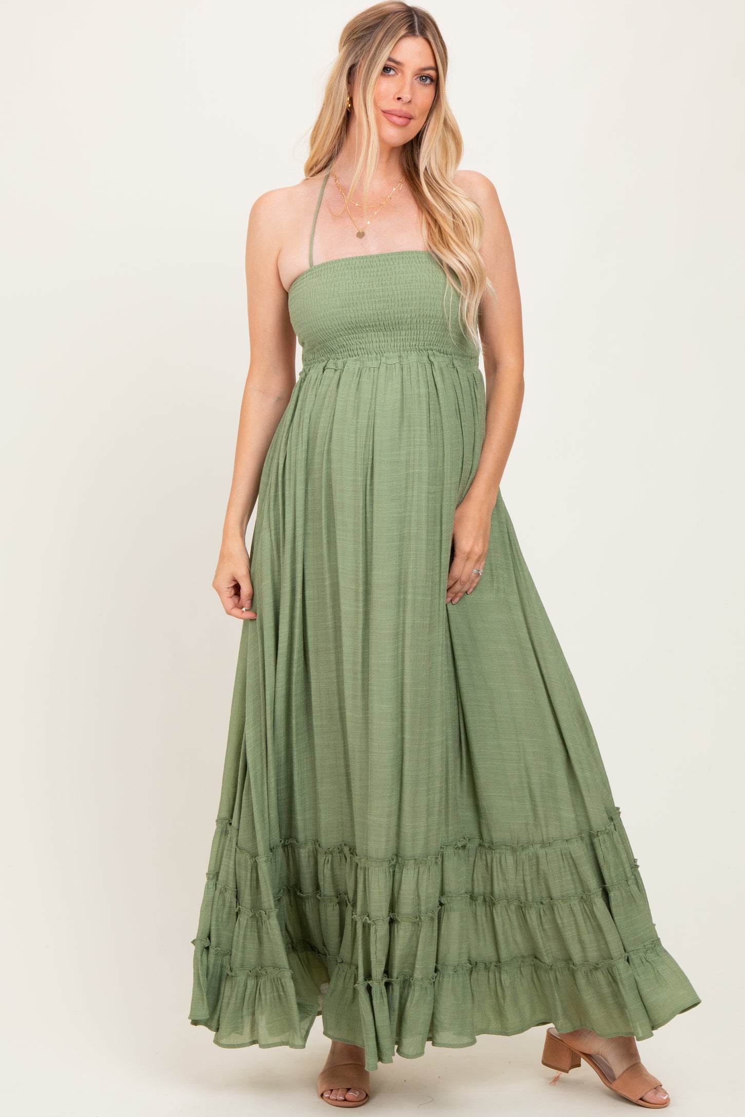 Light Olive Halter Neck Smocked Tiered Hem Maternity Maxi Dress