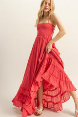 Coral Halter Neck Smocked Tiered Hem Maxi Dress