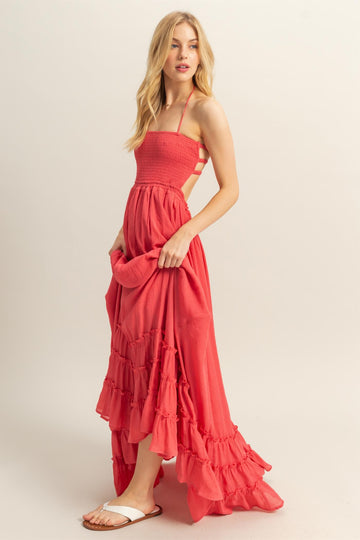 Coral Halter Neck Smocked Tiered Hem Maxi Dress
