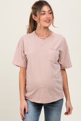 Taupe Short Sleeve Front Pocket Tunic Maternity Top