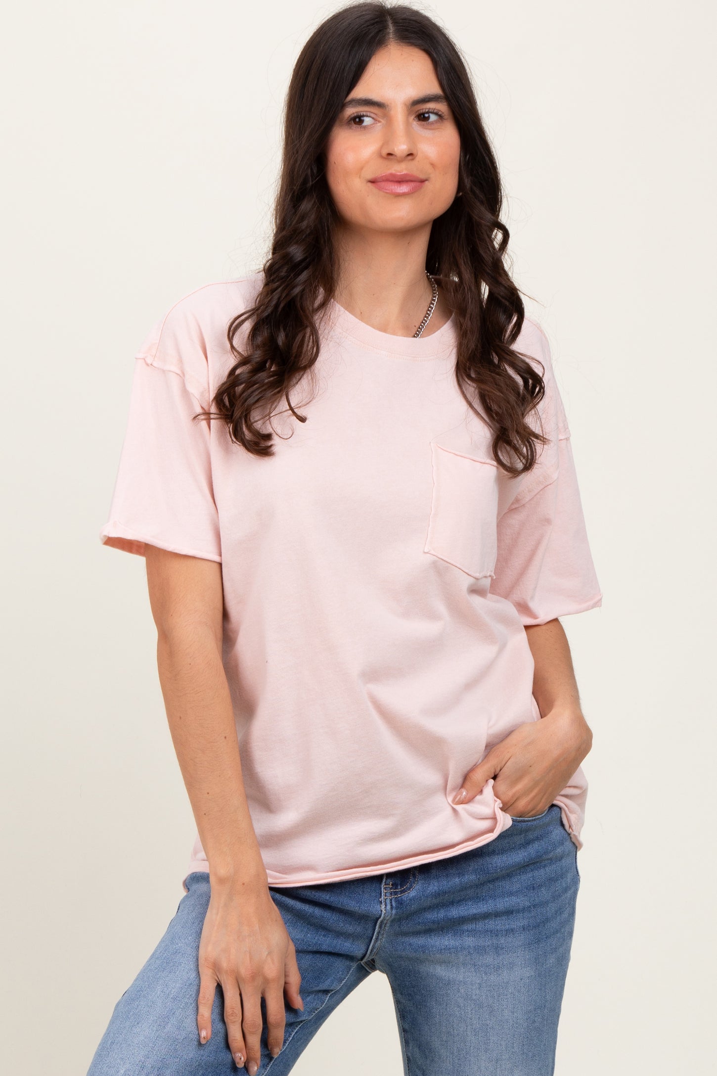 Light Pink Short Sleeve Front Pocket Tunic Top
