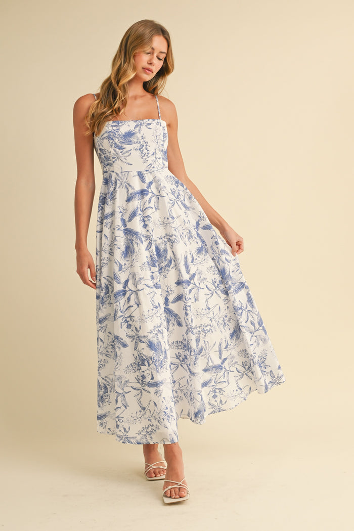 Blue Spaghetti Strap Printed A-Line Maternity Midi Dress