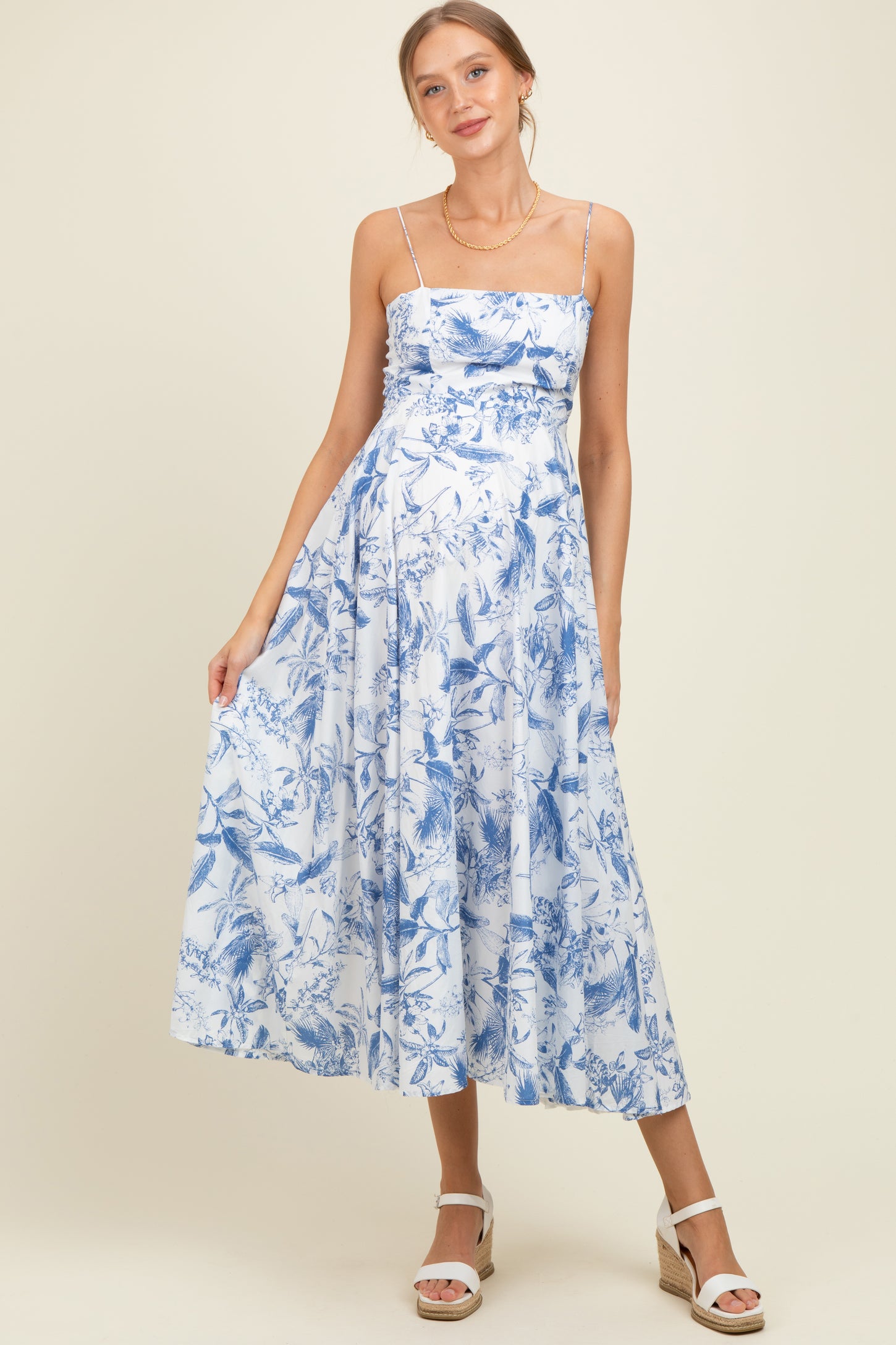 Blue Spaghetti Strap Printed A-Line Maternity Midi Dress PinkBlush Blue Spaghetti Strap Printed A-Line Maternity Midi Dress PinkBlush