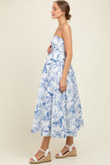 Blue Spaghetti Strap Printed A-Line Maternity Midi Dress