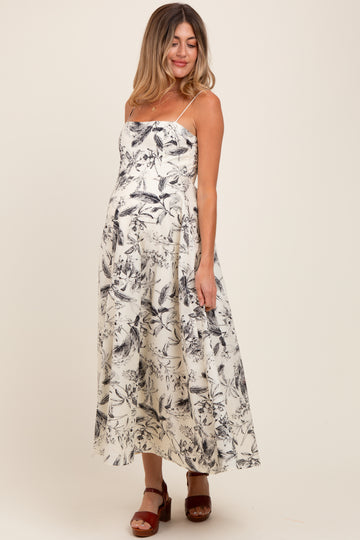 Cream Spaghetti Strap Printed A-Line Maternity Midi Dress