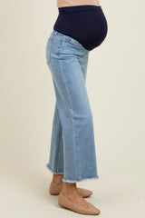 Blue Fringe Hem Ankle Wide Leg Maternity Jeans