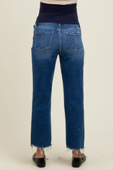 maternity wear dark wash straight leg jeans with frayed hem, model showing the back view