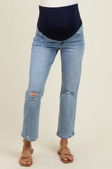 Light Blue Distressed Open Knee Ankle Straight Leg Jeans