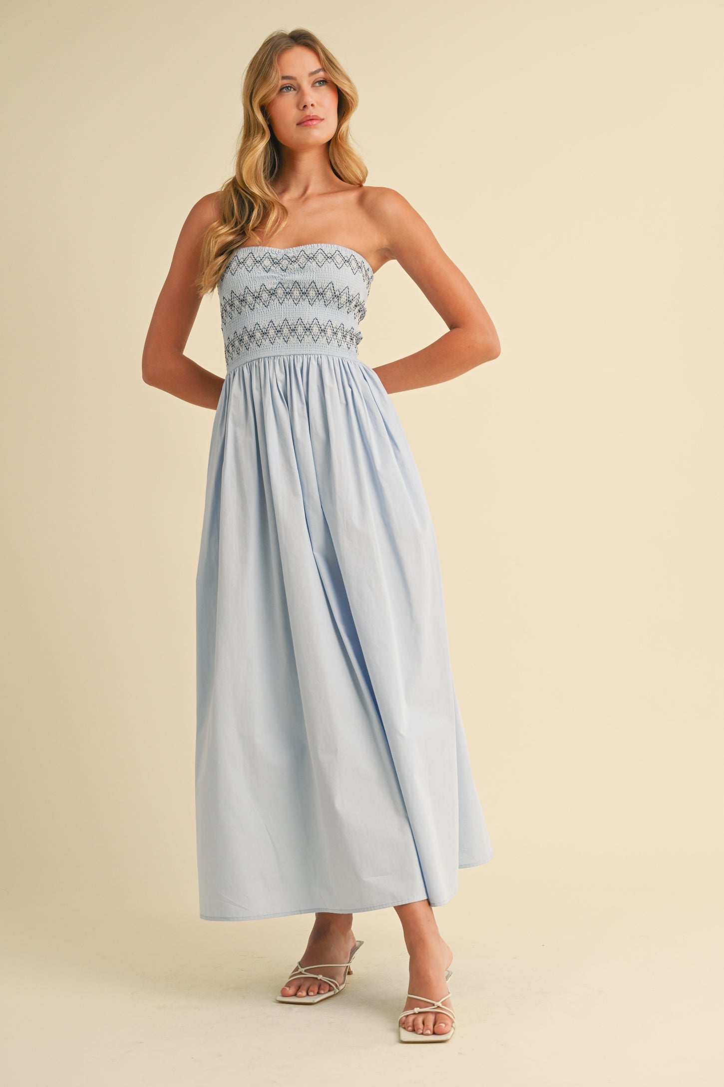 Light Blue Embroidered Strapless Smocked Bodice Flared Midi Dress