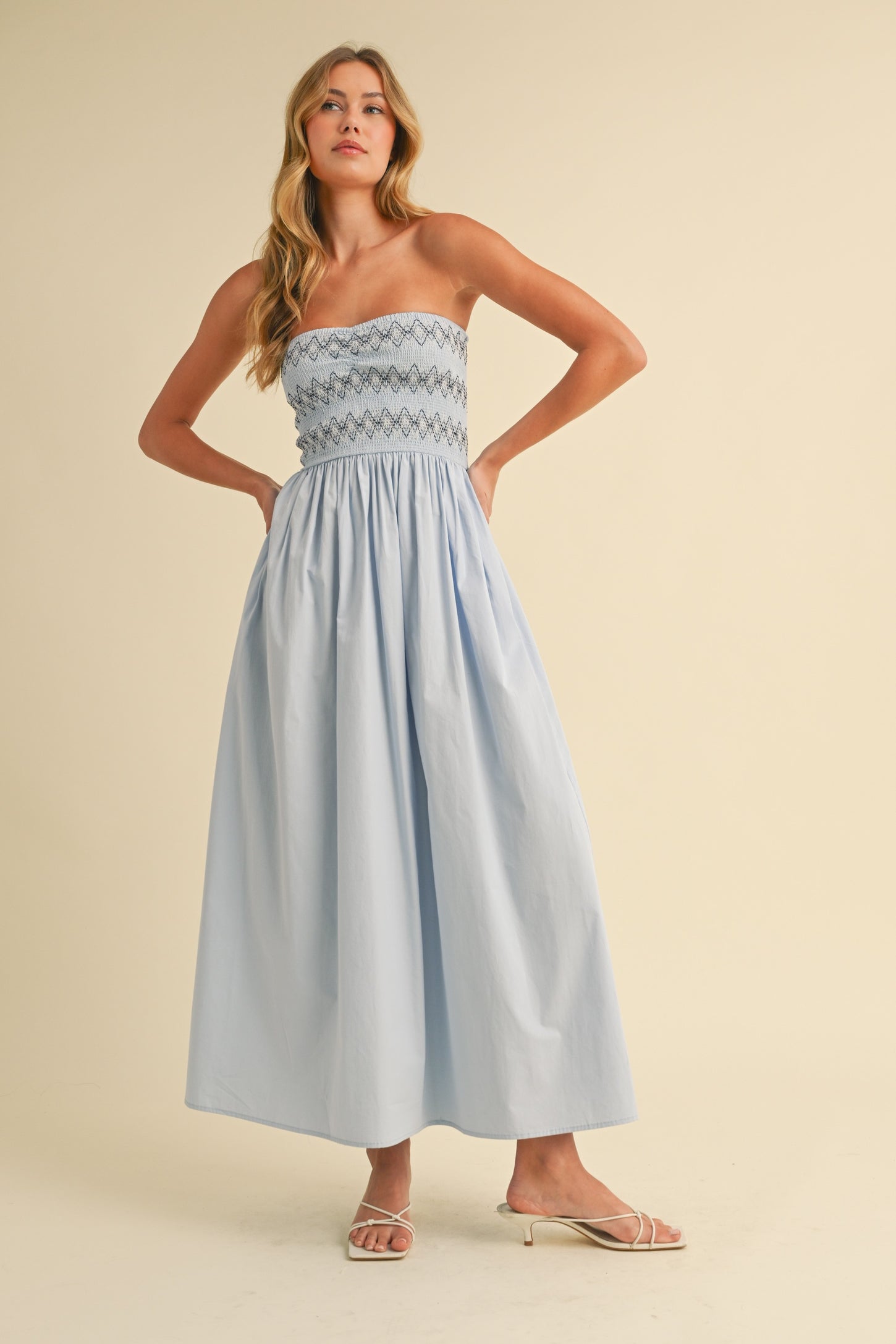 Light Blue Embroidered Strapless Smocked Bodice Flared Midi Dress PinkBlush Light Blue Embroidered Strapless Smocked Bodice Flared Midi Dress PinkBlush