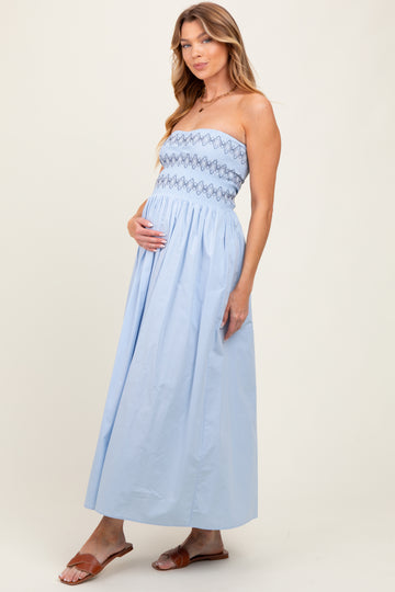 Light Blue Embroidered Strapless Smocked Bodice Flared Maternity Midi Dress