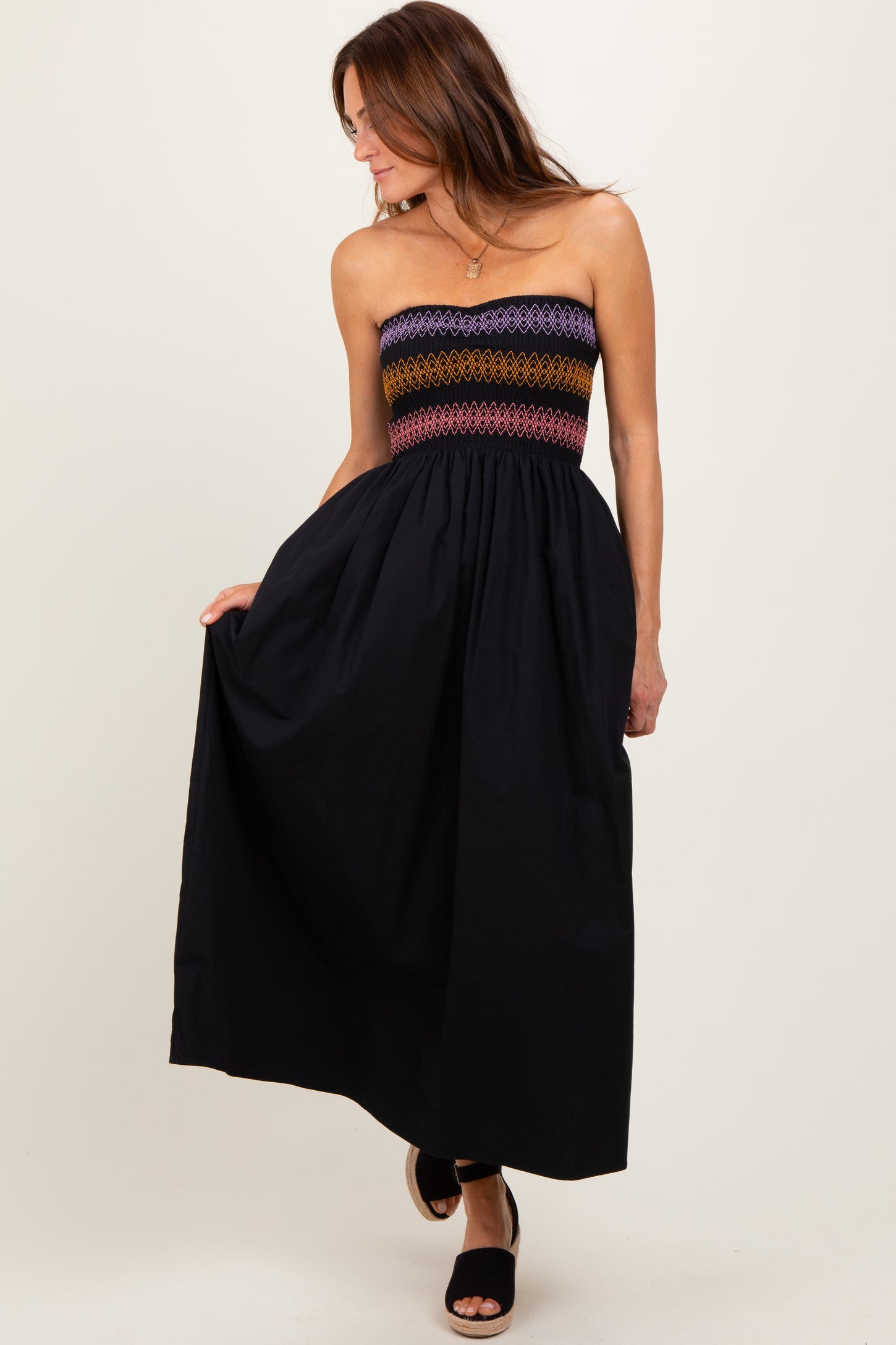 Black Embroidered Strapless Smocked Bodice Flared Midi Dress