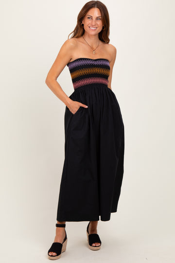 Black Embroidered Strapless Smocked Bodice Flared Midi Dress