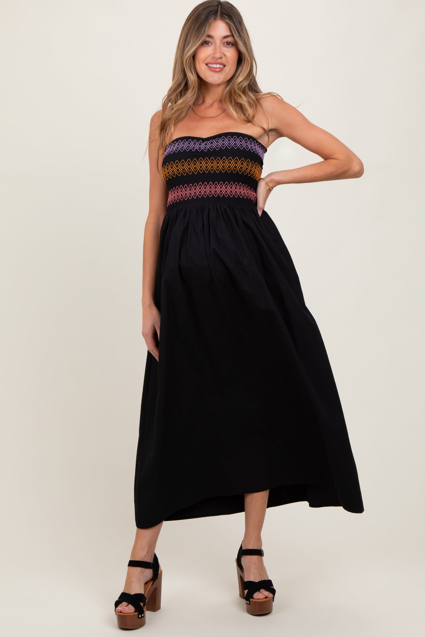 Black Embroidered Strapless Smocked Bodice Flared Maternity Midi Dress