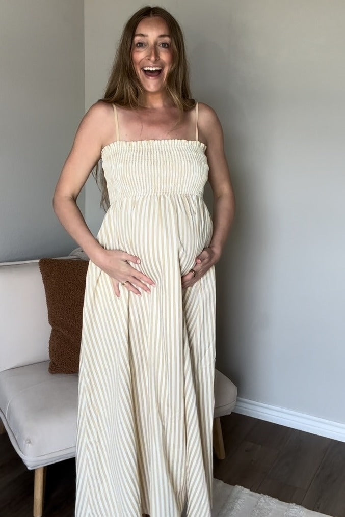 Beige Striped Sleeveless Smocked Poplin Maternity Maxi Dress
