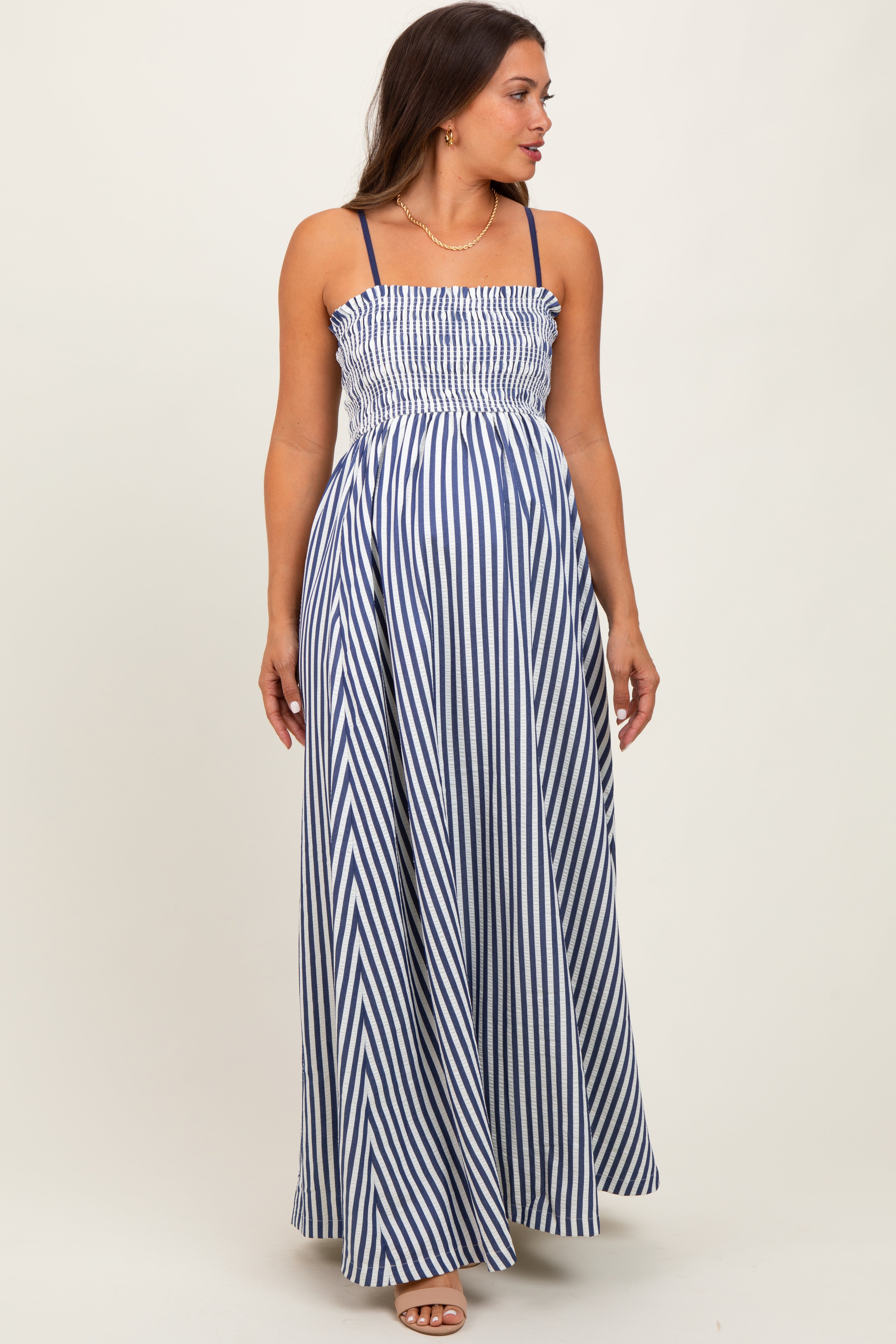 poplin rib maxi dress sale Marine Layer Women's Darcy Poplin Smocked Dress, Large, Navy Stripe