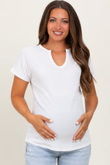 White Ribbed Notched Neckline Maternity Top