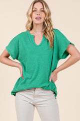 Green Ribbed Notched Neckline Top