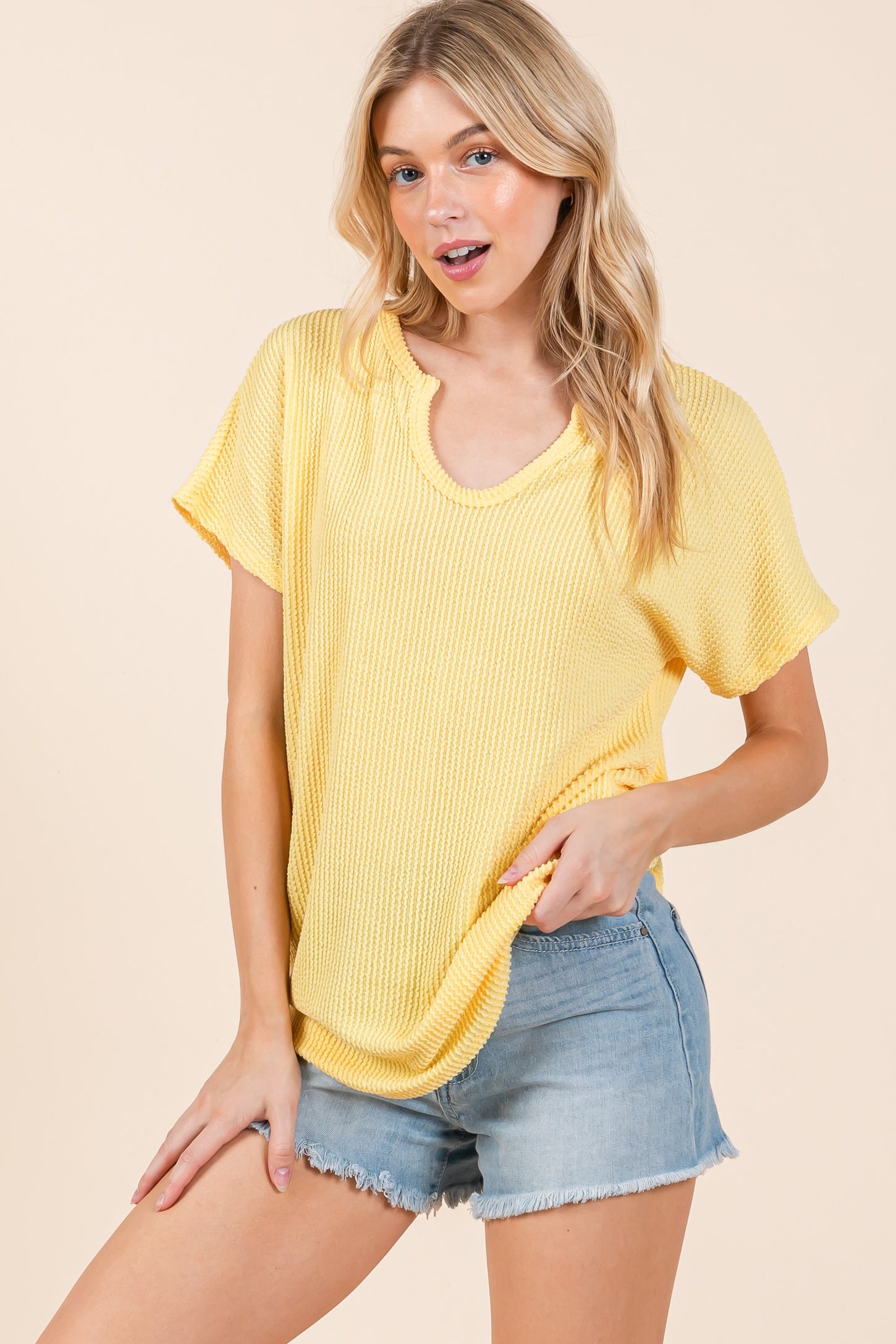 Yellow Ribbed Notched Neckline Top