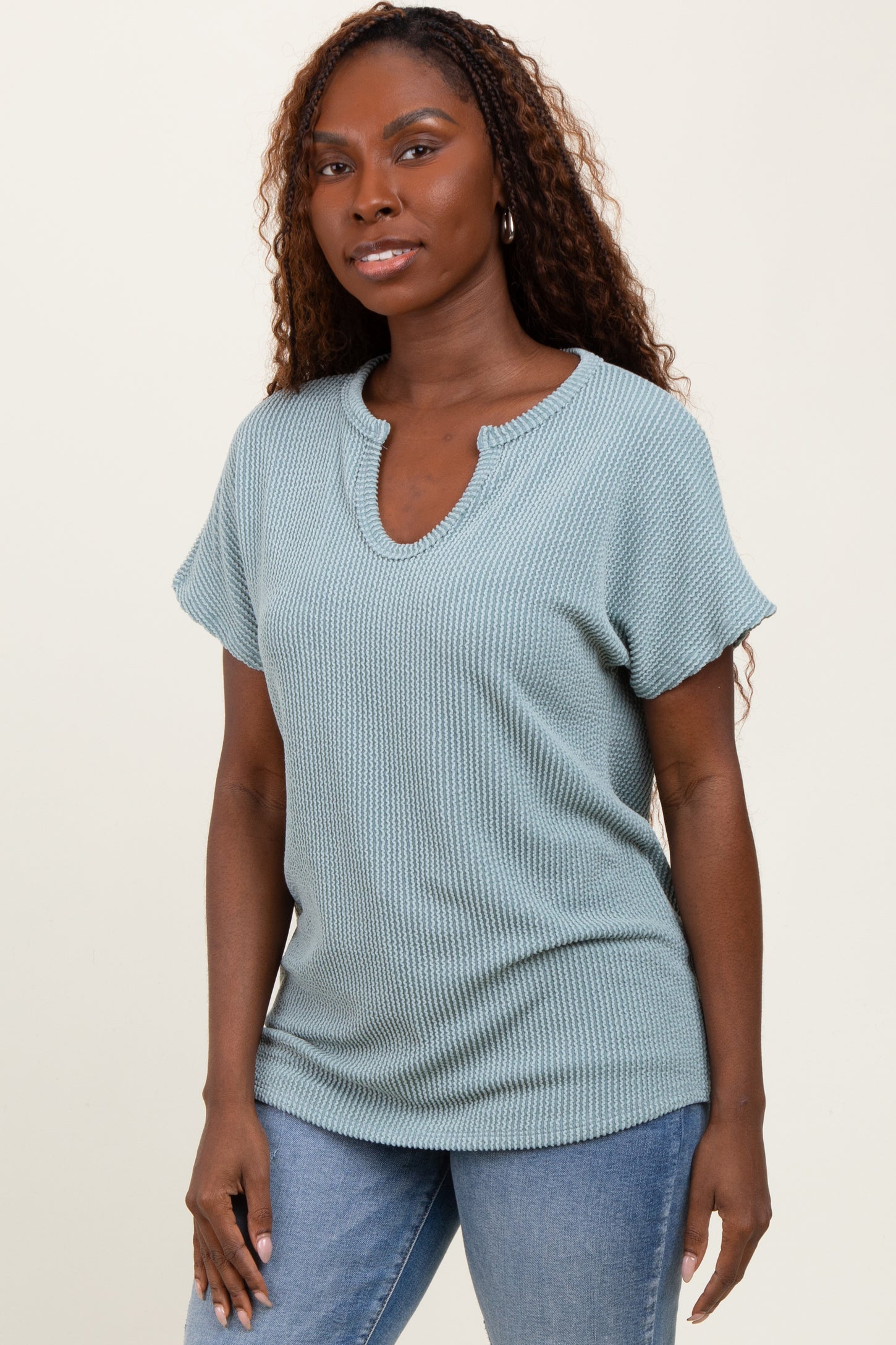 Mint Green Ribbed Notched Neckline Top