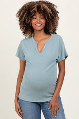 Mint Green Ribbed Notched Neckline Maternity Top