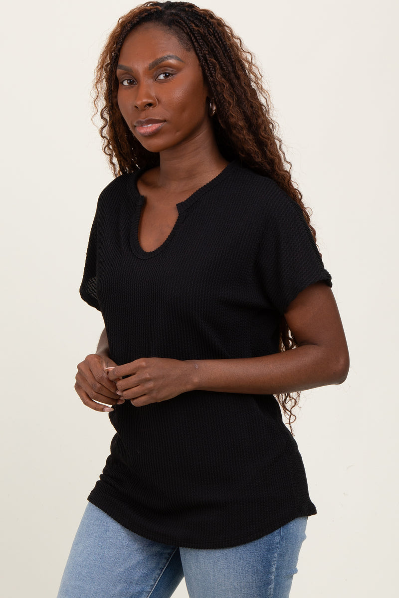 Black Ribbed Notched Neckline Top – PinkBlush