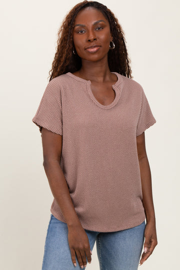 Mocha Ribbed Notched Neckline Top