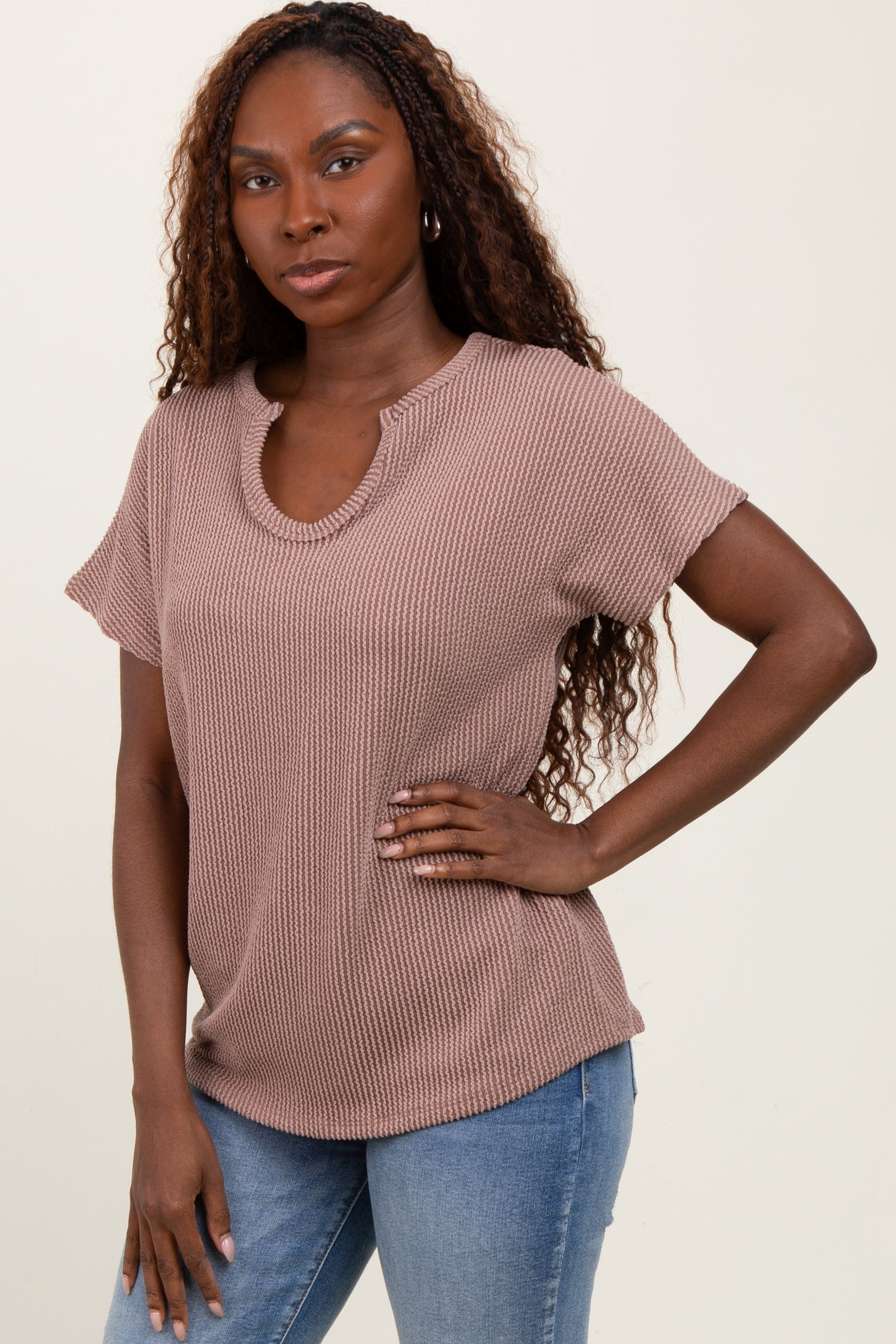 Mocha Ribbed Notched Neckline Top