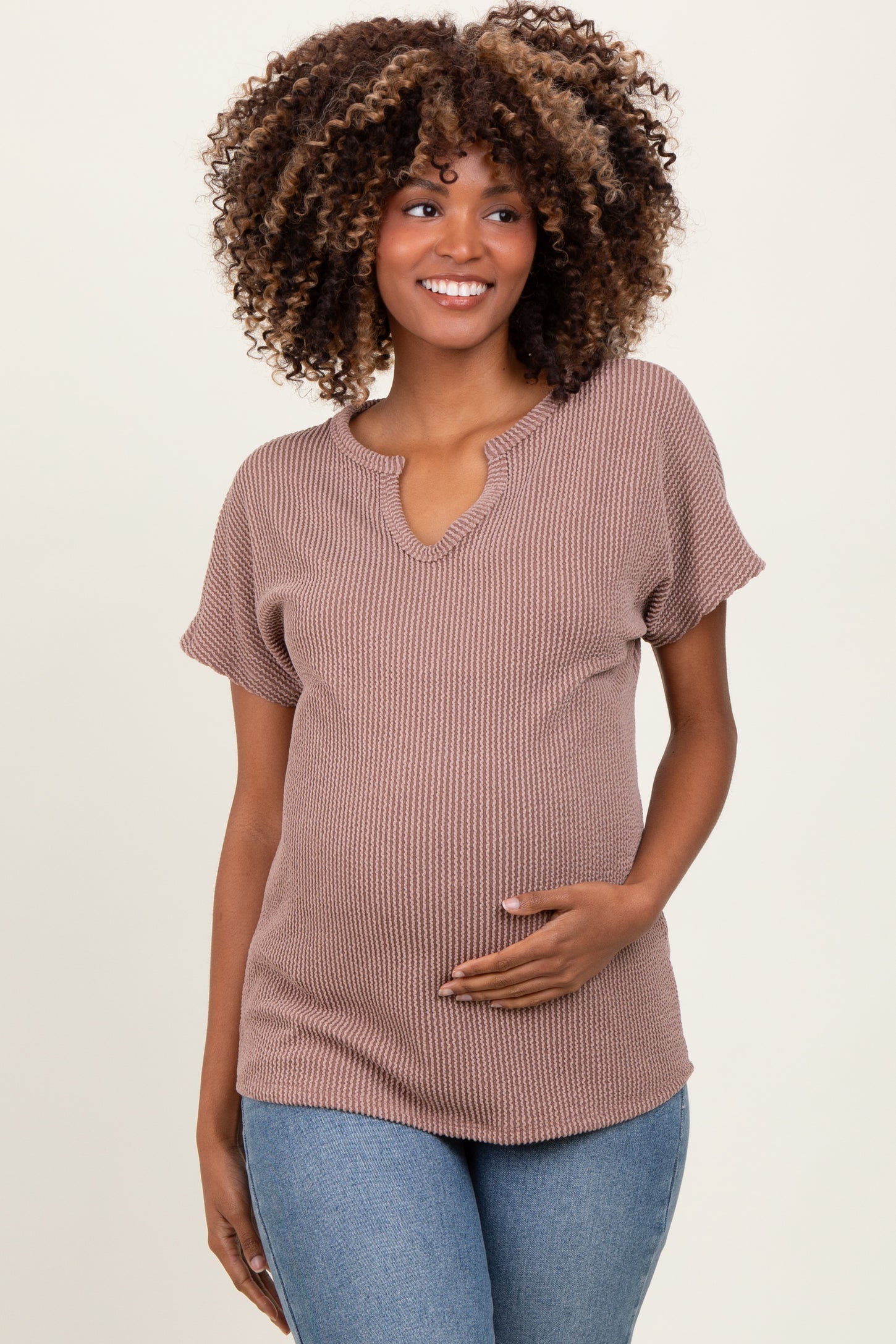 Mocha Ribbed Notched Neckline Maternity Top