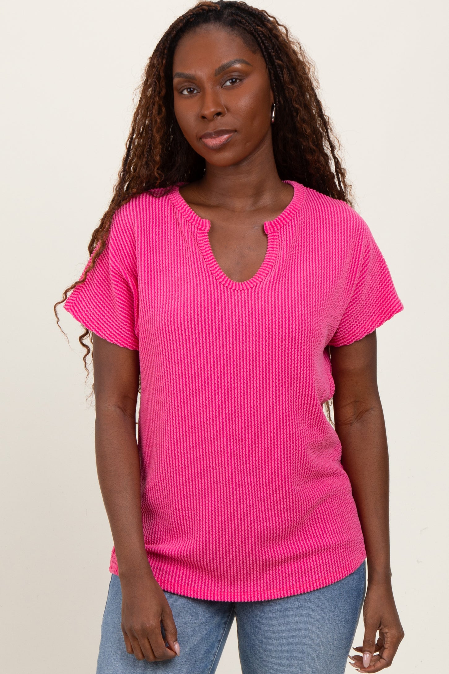 Fuchsia Ribbed Notched Neckline Top