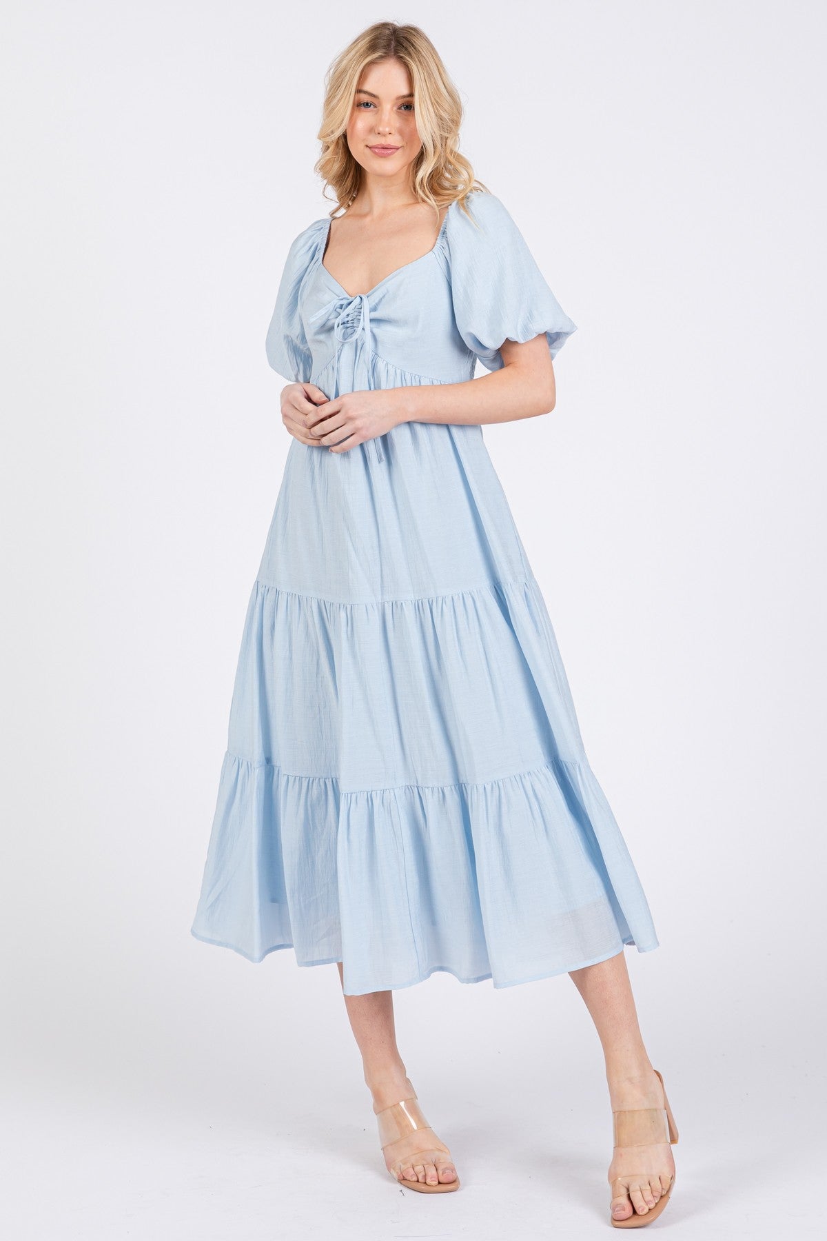 light blue midi dress plus size Light Blue Cinched Front Tie Puff Sleeve Midi Dress – PinkBlush