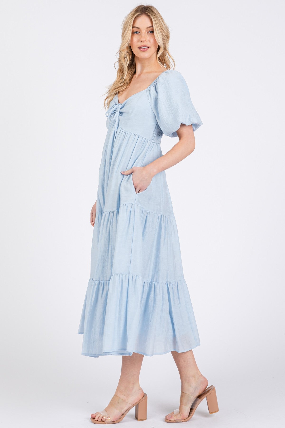 Light Blue Cinched Front Tie Puff Sleeve Midi Dress
