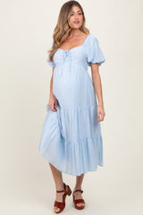 Light Blue Cinched Front Tie Puff Sleeve Maternity Midi Dress