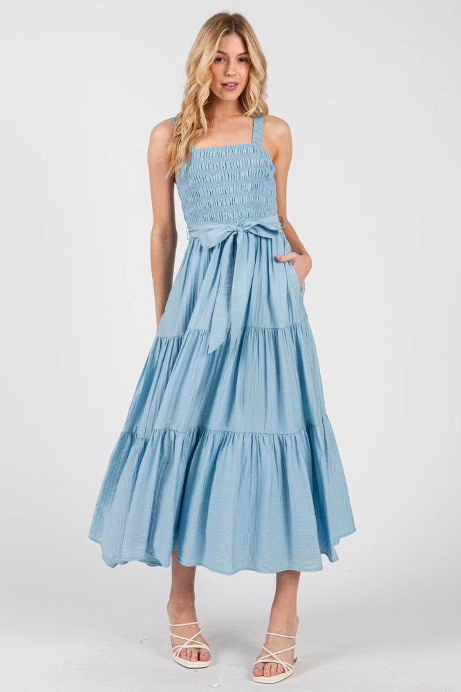 Light Blue Smocked Tiered Maternity Midi Dress