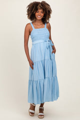 Light Blue Smocked Tiered Maternity Midi Dress