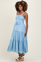 Light Blue Smocked Tiered Maternity Midi Dress