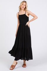 Black Smocked Bead Detail Strap Midi Dress