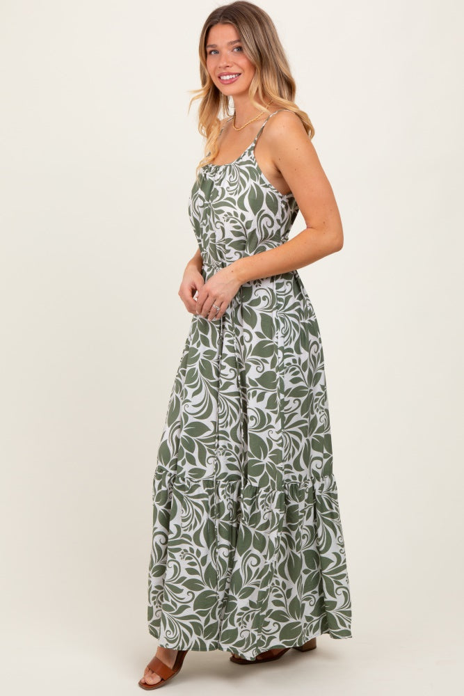 Olive Floral Waist Tie Maxi Dress