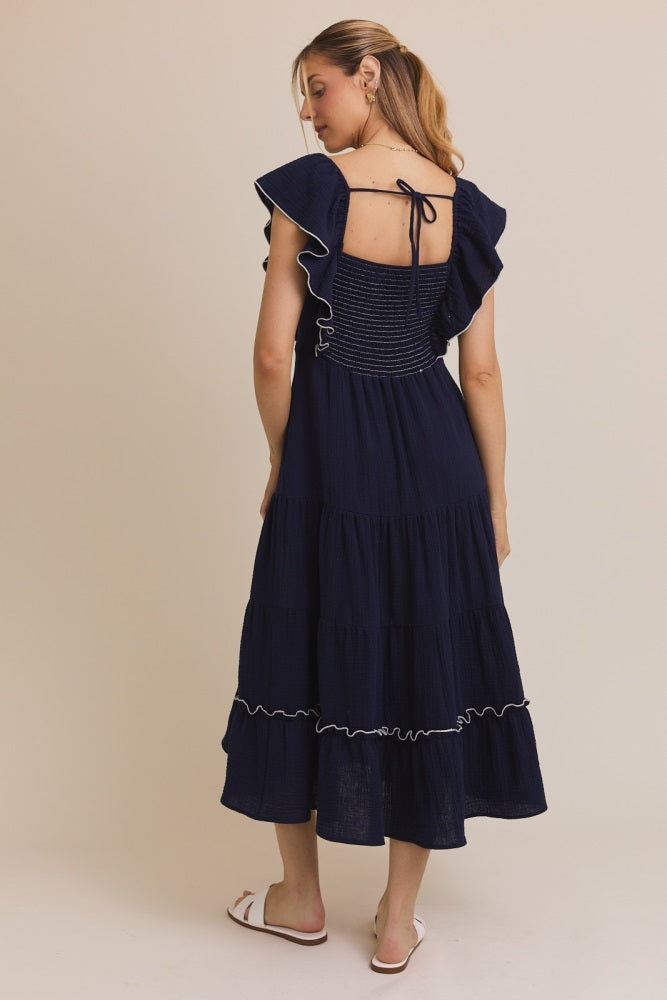 Navy Smocked Ruffle Sleeve Midi Dress