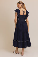 Navy Smocked Ruffle Sleeve Midi Dress