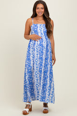 Blue Floral Colorblock Sleeveless Maternity Maxi Dress
