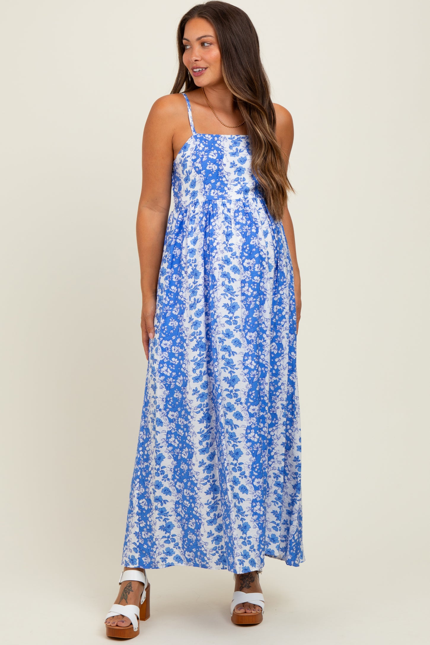 Blue Floral Colorblock Sleeveless Maternity Maxi Dress