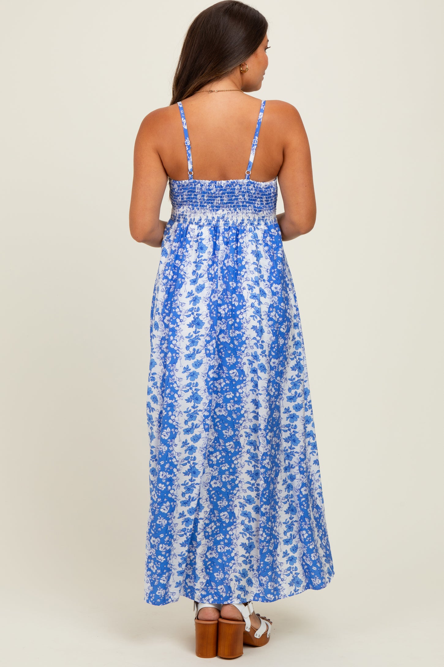 Blue Floral Colorblock Sleeveless Maternity Maxi Dress