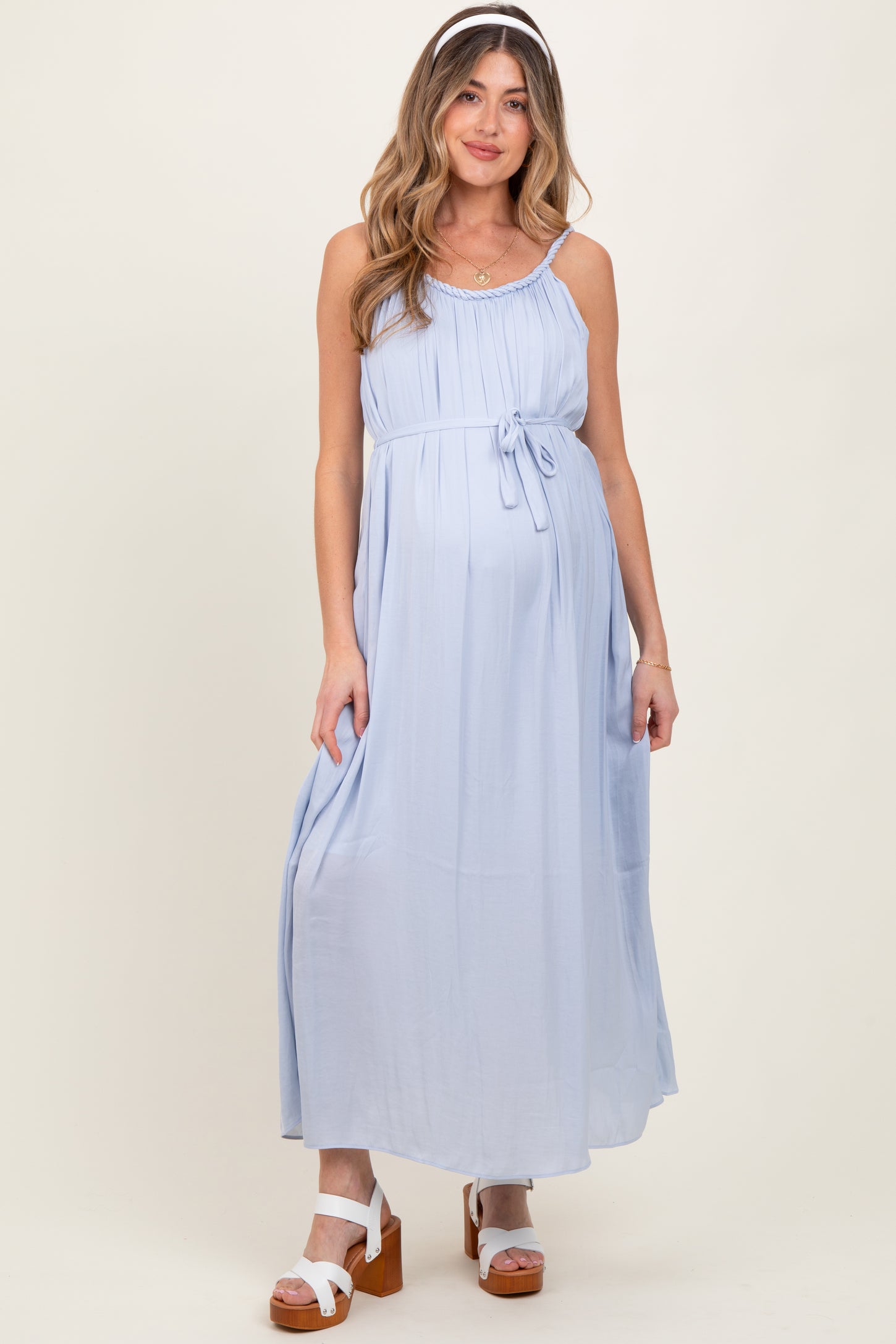 Light Blue Braided Neckline Maternity Maxi Dress