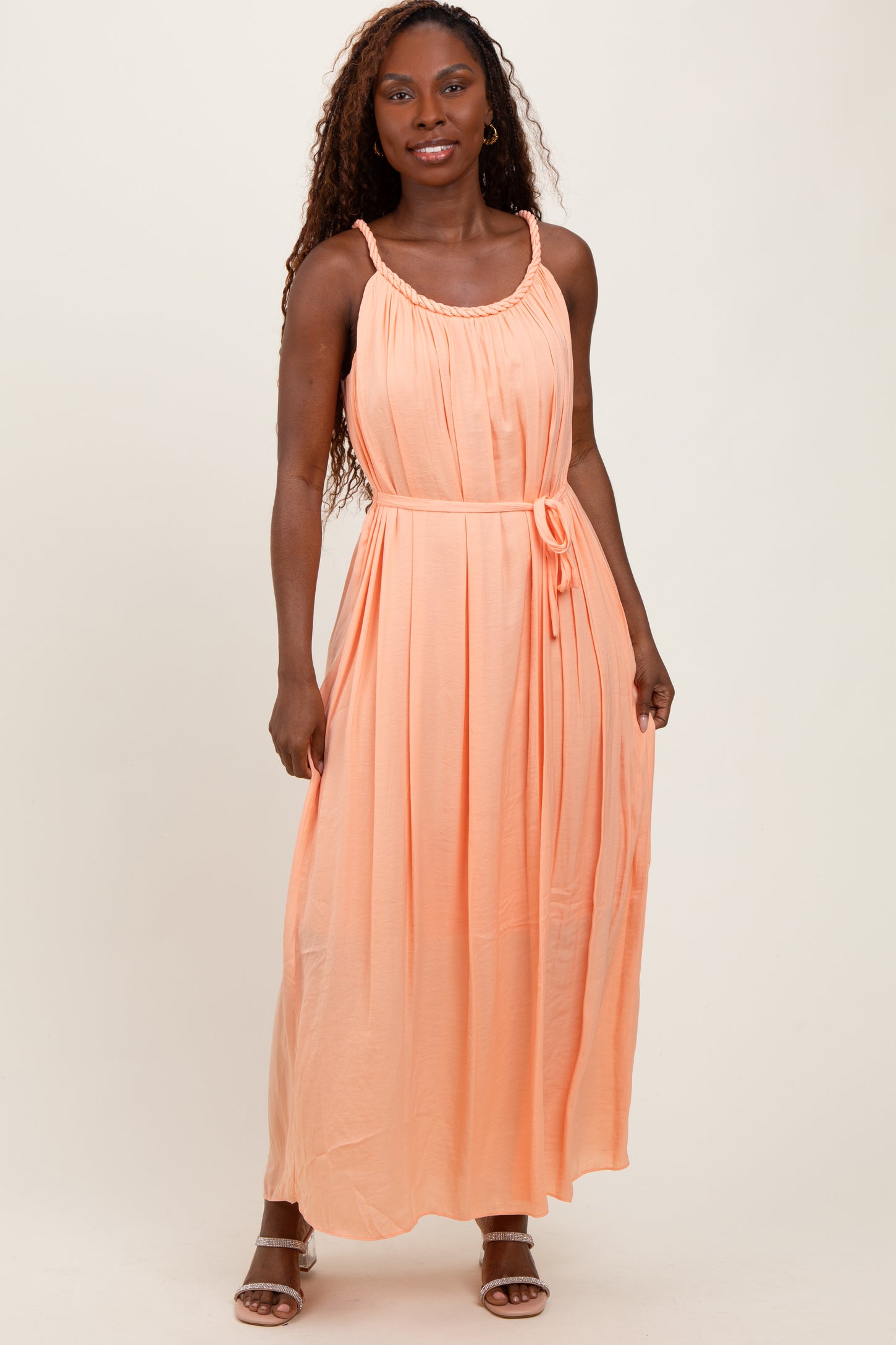 Peach Braided Neckline Maxi Dress PinkBlush Peach Braided Neckline Maxi Dress PinkBlush