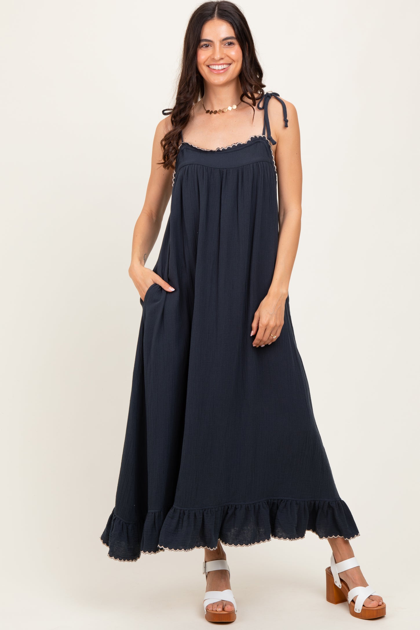 Navy Scallop Trim Shoulder Tie Maxi Dress