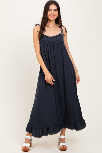 Navy Scallop Trim Shoulder Tie Maxi Dress
